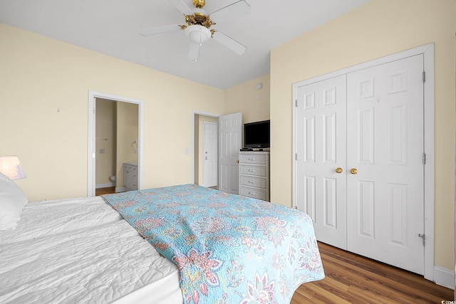 817 S Ocean Blvd Unit 201, North Myrtle Beach, SC 29582 - bedroom with a closet, wood finished floors, and a ceiling fan
