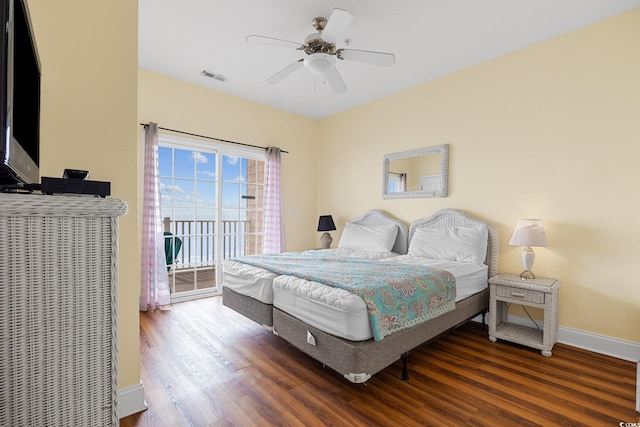 817 S Ocean Blvd Unit 201, North Myrtle Beach, SC 29582 - bedroom featuring access to outside, wood finished floors, and a ceiling fan