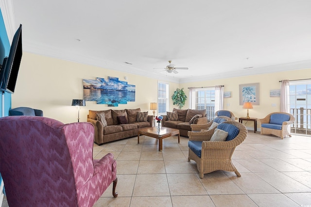 817 S Ocean Blvd Unit 201, North Myrtle Beach, SC 29582 - living area with crown molding, light tile patterned floors, and a ceiling fan