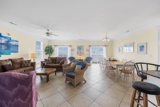817 S Ocean Blvd Unit 201, North Myrtle Beach, SC 29582 - living area featuring a chandelier, ornamental molding, light tile patterned floors, and a ceiling fan