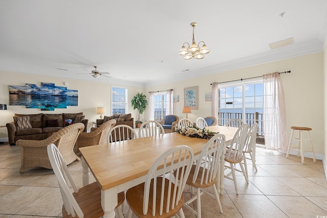817 S Ocean Blvd Unit 201, North Myrtle Beach, SC 29582 - dining space with ornamental molding, a chandelier, a ceiling fan, and light tile patterned floors