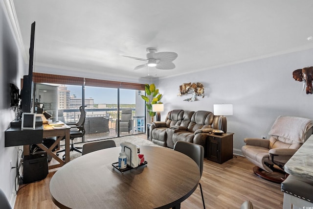 5511 N Ocean Blvd Unit 902, Myrtle Beach, SC 29577 - living room with ceiling fan, crown molding, light wood-style floors, and a desk