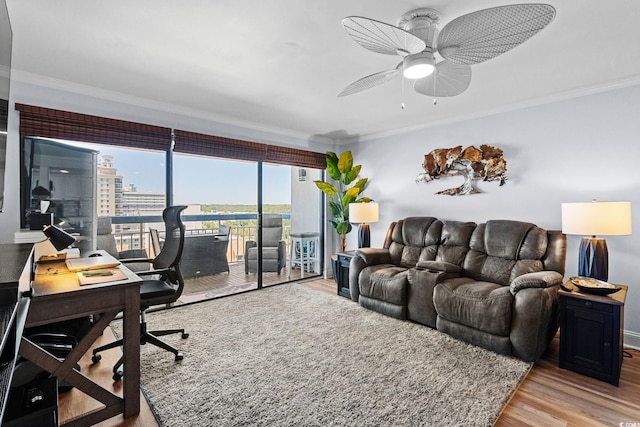 5511 N Ocean Blvd Unit 902, Myrtle Beach, SC 29577 - living area featuring crown molding, light wood-style flooring, an office area, and a ceiling fan