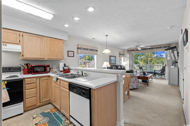 493 White River Dr Unit 28-D, Myrtle Beach, SC 29579 - kitchen with white dishwasher, range with electric stovetop, range hood, a peninsula, and light brown cabinets