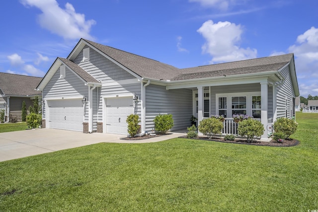 860 Brant St, Myrtle Beach, SC 29579 - single story home featuring driveway, a garage, covered porch, a front lawn, and a shingled roof