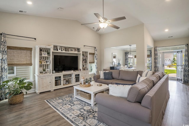 860 Brant St, Myrtle Beach, SC 29579 - living area featuring wood finished floors, a ceiling fan, lofted ceiling, and recessed lighting
