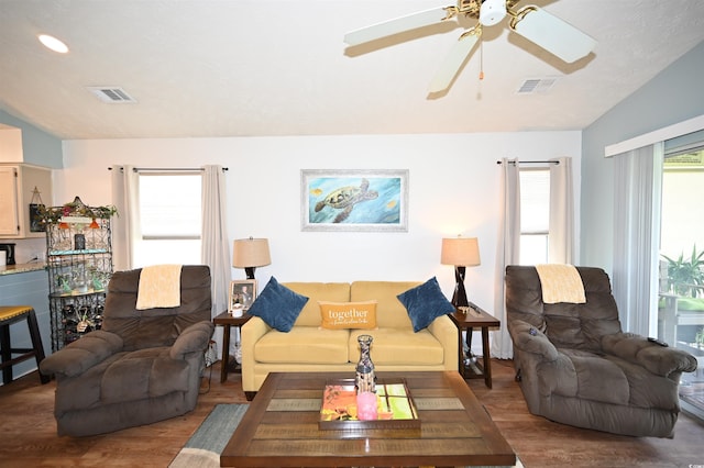 697 Tupelo Ln Unit 24G, Longs, SC 29568 - living room featuring wood finished floors, ceiling fan, and vaulted ceiling