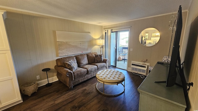 405 21st Ave S Unit 2J, North Myrtle Beach, SC 29582 - living area featuring crown molding, wood finished floors, a textured ceiling, wood walls, and heating unit