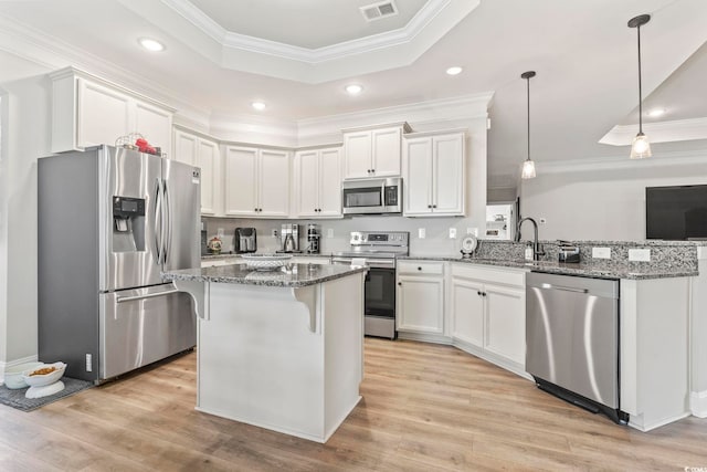 4002 Bayfield Loop, Murrells Inlet, SC 29576 - kitchen featuring stainless steel appliances, a tray ceiling, crown molding, recessed lighting, and white cabinets