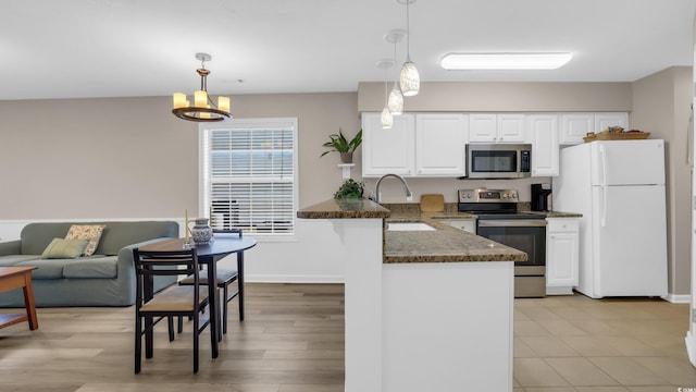 521 White River Dr Unit 21C, Myrtle Beach, SC 29579 - kitchen with appliances with stainless steel finishes, a peninsula, white cabinetry, and pendant lighting