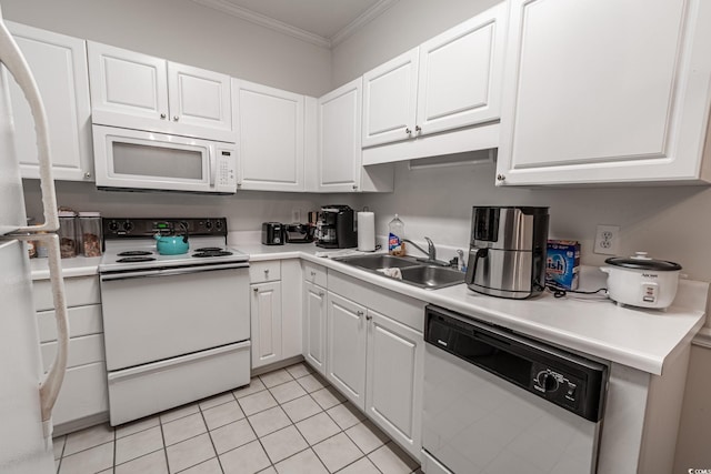 9755 Leyland Dr Unit 11, Myrtle Beach, SC 29572 - kitchen with white appliances, ornamental molding, light tile patterned flooring, and white cabinetry