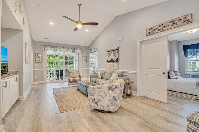 6203 Catalina Dr Unit 935, North Myrtle Beach, SC 29582 - living room with light wood-style flooring, a ceiling fan, recessed lighting, and high vaulted ceiling