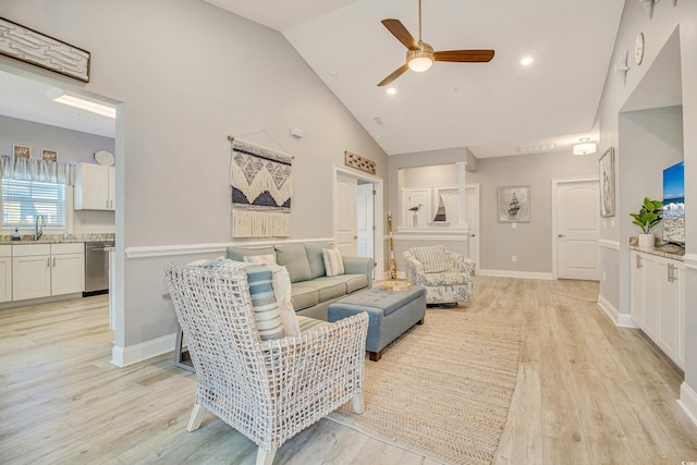 6203 Catalina Dr Unit 935, North Myrtle Beach, SC 29582 - living room featuring ceiling fan, high vaulted ceiling, light wood finished floors, and recessed lighting