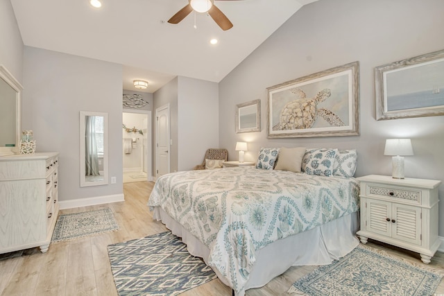 6203 Catalina Dr Unit 935, North Myrtle Beach, SC 29582 - bedroom featuring light wood-style flooring, vaulted ceiling, ensuite bathroom, recessed lighting, and ceiling fan