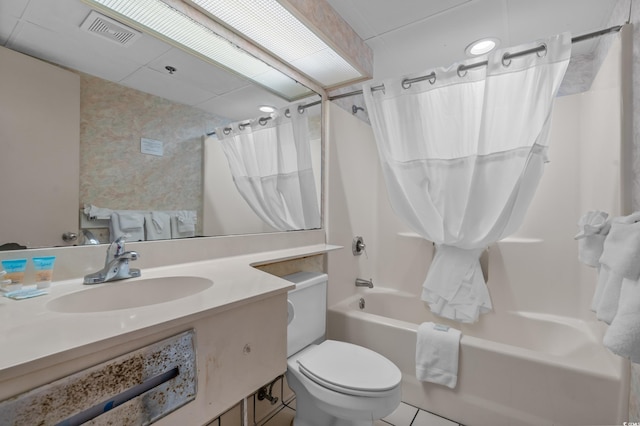 9550 Shore Dr Unit 1537/1538, Myrtle Beach, SC 29572 - bathroom with shower / tub combo with curtain, vanity, wallpapered walls, and tile patterned flooring