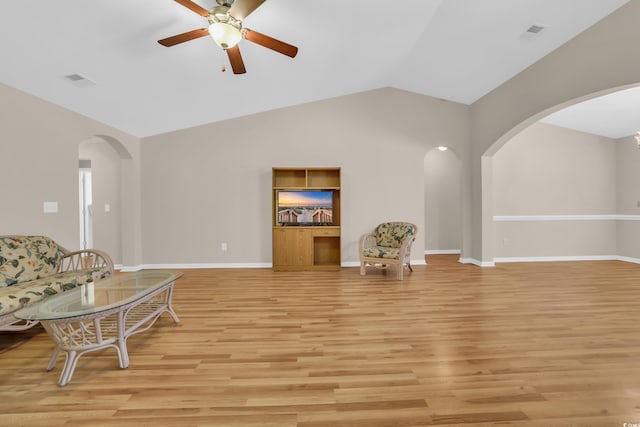 244 Devonbrook Pl, Longs, SC 29568 - living area with arched walkways, ceiling fan, light wood-type flooring, and lofted ceiling