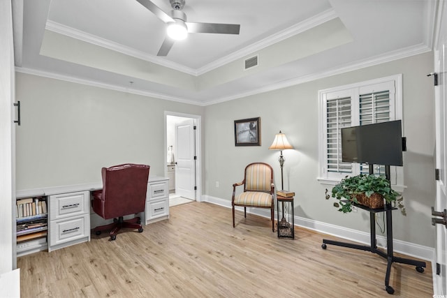 9547 Edgerton Dr Unit 405, Myrtle Beach, SC 29572 - office area with a raised ceiling, light wood finished floors, ceiling fan, and ornamental molding