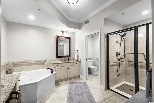 9547 Edgerton Dr Unit 405, Myrtle Beach, SC 29572 - bathroom with crown molding, vanity, a garden tub, and a stall shower
