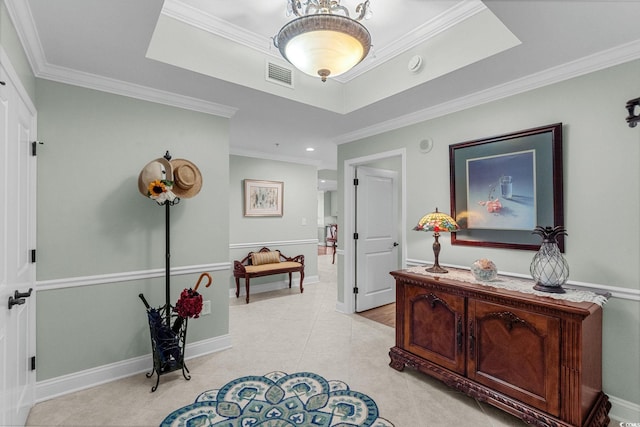 9547 Edgerton Dr Unit 405, Myrtle Beach, SC 29572 - hallway with ornamental molding, light tile patterned flooring, and a tray ceiling