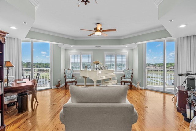 9547 Edgerton Dr Unit 405, Myrtle Beach, SC 29572 - living area with ornamental molding, ceiling fan, light wood-style flooring, and recessed lighting