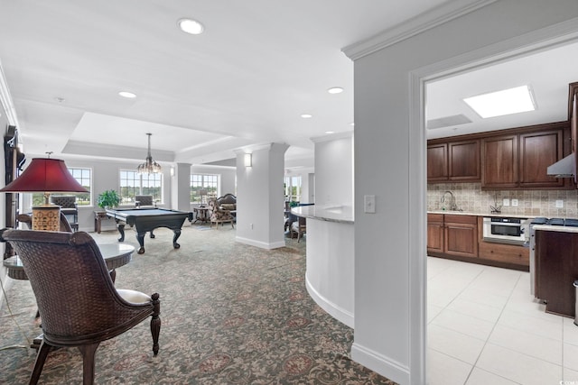 9547 Edgerton Dr Unit 405, Myrtle Beach, SC 29572 - playroom with billiards table, light colored carpet, crown molding, recessed lighting, and a raised ceiling