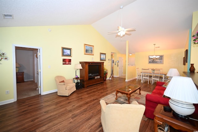 144 Balsa Dr, Longs, SC 29568 - living room featuring wood finished floors, ceiling fan, a chandelier, and high vaulted ceiling