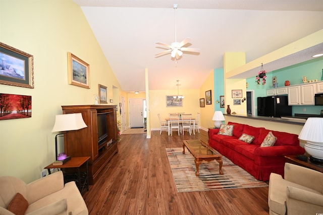 144 Balsa Dr, Longs, SC 29568 - living room featuring dark wood-style floors, a ceiling fan, high vaulted ceiling, and a chandelier