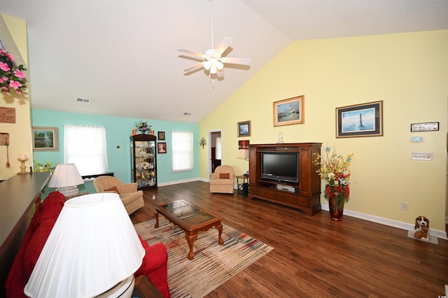144 Balsa Dr, Longs, SC 29568 - living room with ceiling fan, wood finished floors, and high vaulted ceiling