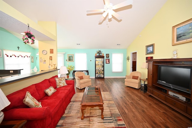 144 Balsa Dr, Longs, SC 29568 - living room featuring vaulted ceiling, wood finished floors, and ceiling fan