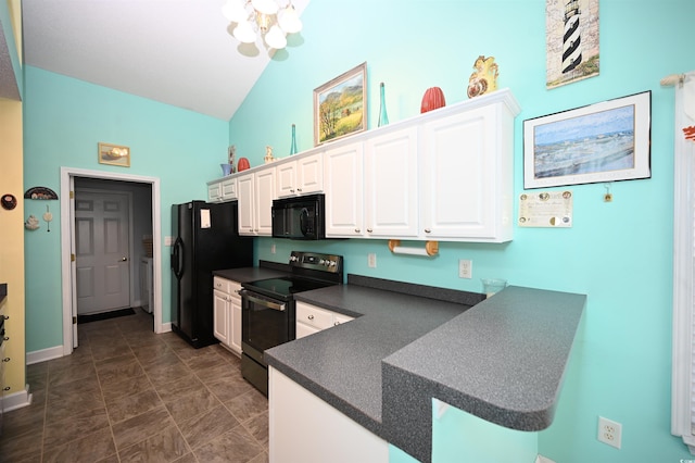 144 Balsa Dr, Longs, SC 29568 - kitchen with black appliances, dark countertops, white cabinetry, a peninsula, and vaulted ceiling