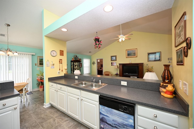 144 Balsa Dr, Longs, SC 29568 - kitchen featuring dishwasher, dark countertops, vaulted ceiling, white cabinetry, and a ceiling fan