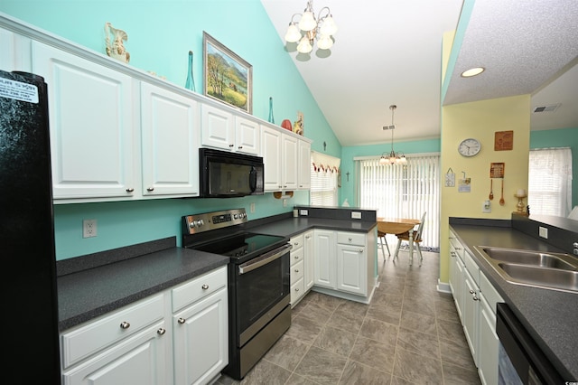 144 Balsa Dr, Longs, SC 29568 - kitchen featuring stainless steel electric range oven, black microwave, a chandelier, dishwashing machine, and a peninsula