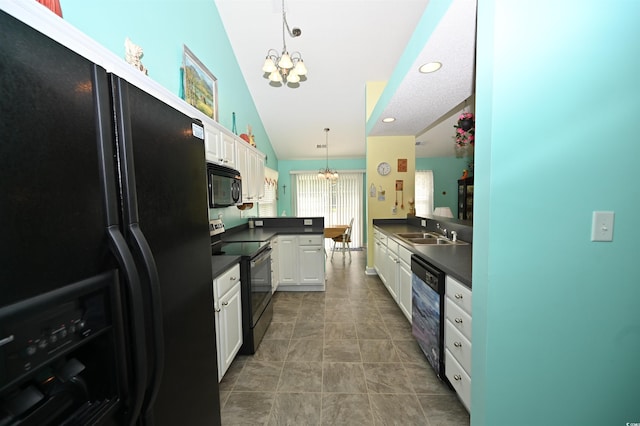 144 Balsa Dr, Longs, SC 29568 - kitchen featuring black appliances, a chandelier, dark countertops, white cabinets, and lofted ceiling