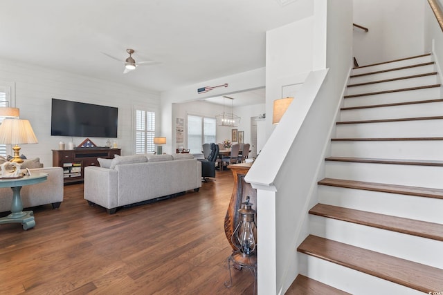 1524 Sayebrook Pkwy, Myrtle Beach, SC 29588 - living area featuring a ceiling fan, stairs, and dark wood-style flooring