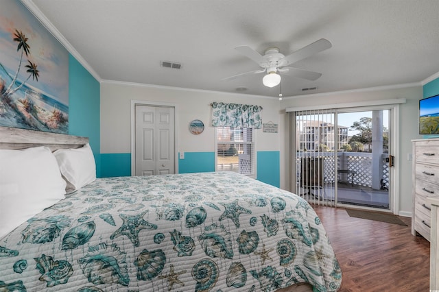 300 Shorehaven Dr Unit I-2, North Myrtle Beach, SC 29582 - bedroom featuring access to exterior, crown molding, wood finished floors, and a ceiling fan