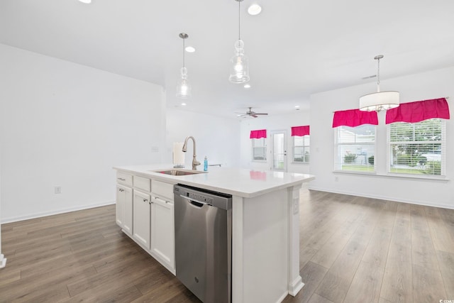 219 Glenmoor Dr, Conway, SC 29526 - kitchen featuring dishwasher, light wood finished floors, light countertops, white cabinets, and a kitchen island with sink