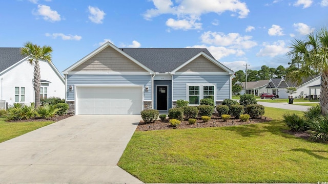 219 Glenmoor Dr, Conway, SC 29526 - view of front facade with a garage, a front yard, driveway, and stone siding