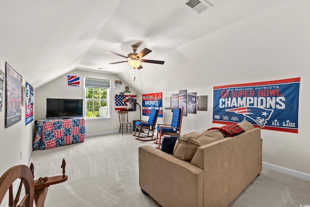 2781 Desert Rose St, Little River, SC 29566 - living area with carpet flooring, lofted ceiling, and ceiling fan