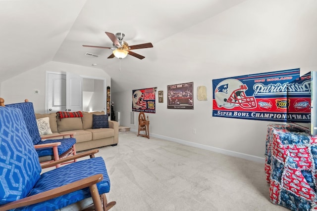 2781 Desert Rose St, Little River, SC 29566 - living area with lofted ceiling, a ceiling fan, and carpet floors