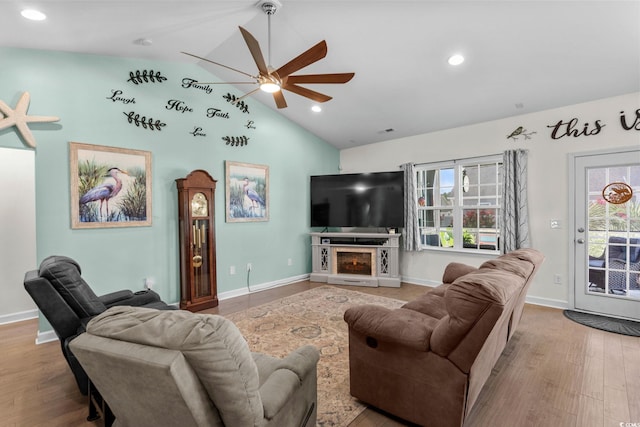 2781 Desert Rose St, Little River, SC 29566 - living area featuring ceiling fan, healthy amount of natural light, wood finished floors, high vaulted ceiling, and recessed lighting