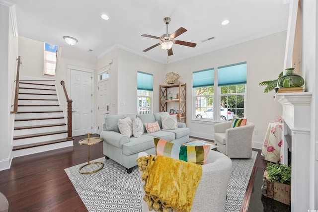 1348 Peterson St, Myrtle Beach, SC 29577 - living area featuring wood finished floors, a ceiling fan, stairway, recessed lighting, and ornamental molding