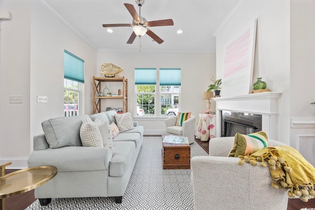 1348 Peterson St, Myrtle Beach, SC 29577 - living area featuring healthy amount of natural light, a ceiling fan, crown molding, a premium fireplace, and recessed lighting