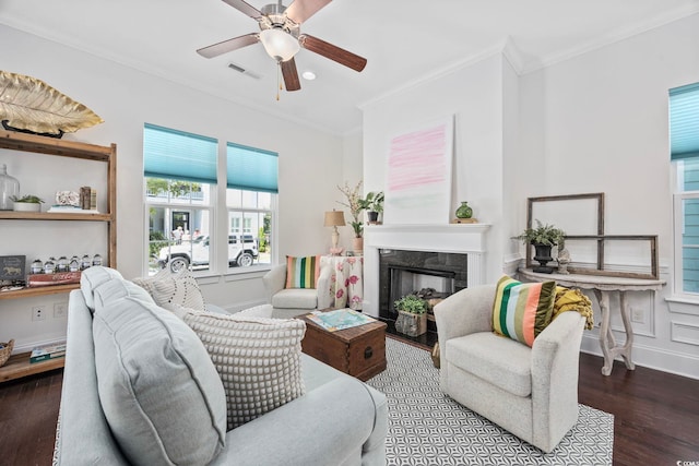 1348 Peterson St, Myrtle Beach, SC 29577 - living room featuring wood finished floors, ceiling fan, a high end fireplace, ornamental molding, and recessed lighting