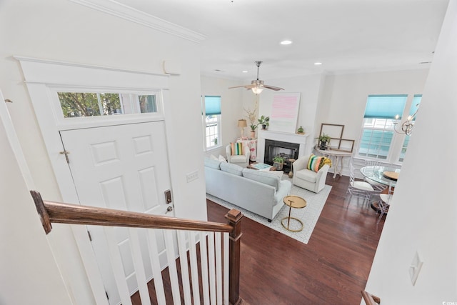1348 Peterson St, Myrtle Beach, SC 29577 - foyer featuring ornamental molding, healthy amount of natural light, wood finished floors, a fireplace, and recessed lighting