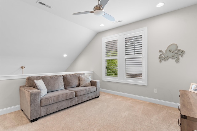 5304 Sea Coral Way N, Myrtle Beach, SC 29582 - living room with a ceiling fan, light colored carpet, lofted ceiling, and recessed lighting