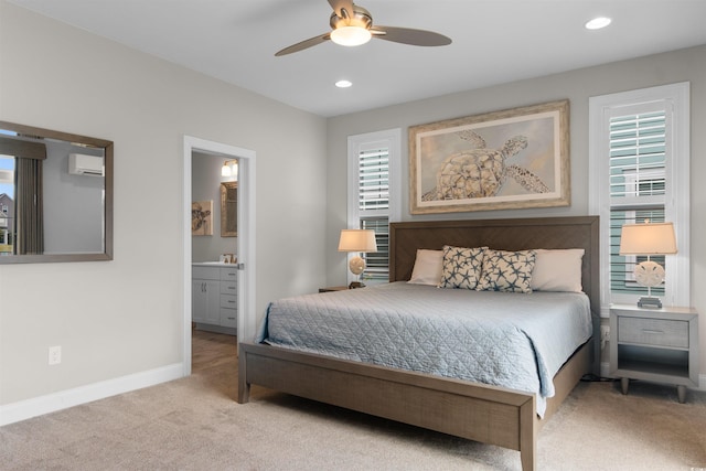 5304 Sea Coral Way N, Myrtle Beach, SC 29582 - bedroom featuring light colored carpet, recessed lighting, a wall unit AC, ensuite bathroom, and ceiling fan