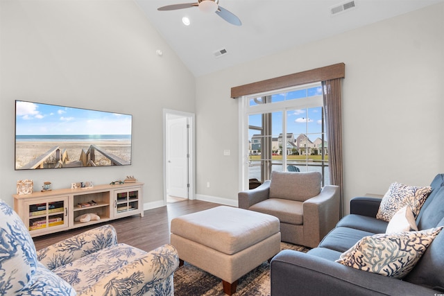 5304 Sea Coral Way N, Myrtle Beach, SC 29582 - living area with wood finished floors, high vaulted ceiling, ceiling fan, and recessed lighting