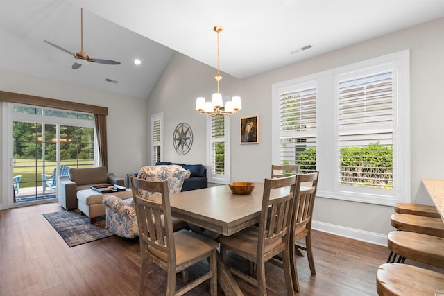 5304 Sea Coral Way N, Myrtle Beach, SC 29582 - dining space featuring plenty of natural light, dark wood-style flooring, a chandelier, and high vaulted ceiling