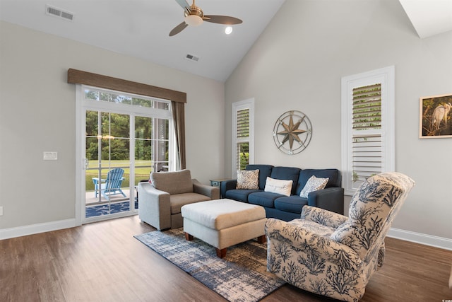 5304 Sea Coral Way N, Myrtle Beach, SC 29582 - living area with high vaulted ceiling, a ceiling fan, and wood finished floors