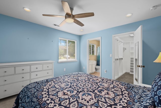 251 Myrtle Greens Dr Unit B, Conway, SC 29526 - carpeted bedroom featuring recessed lighting, ceiling fan, a spacious closet, and connected bathroom